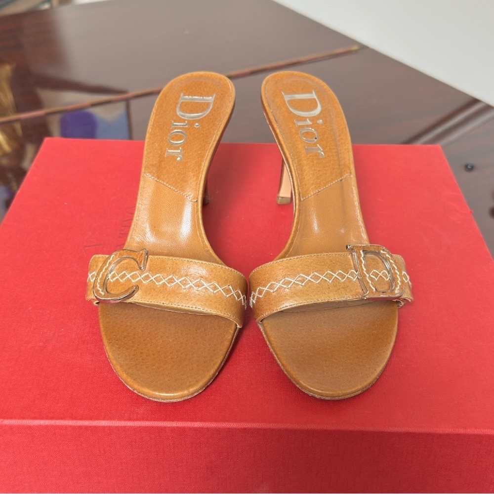Christian Dior Camel Leather Slides High Heels Shoes